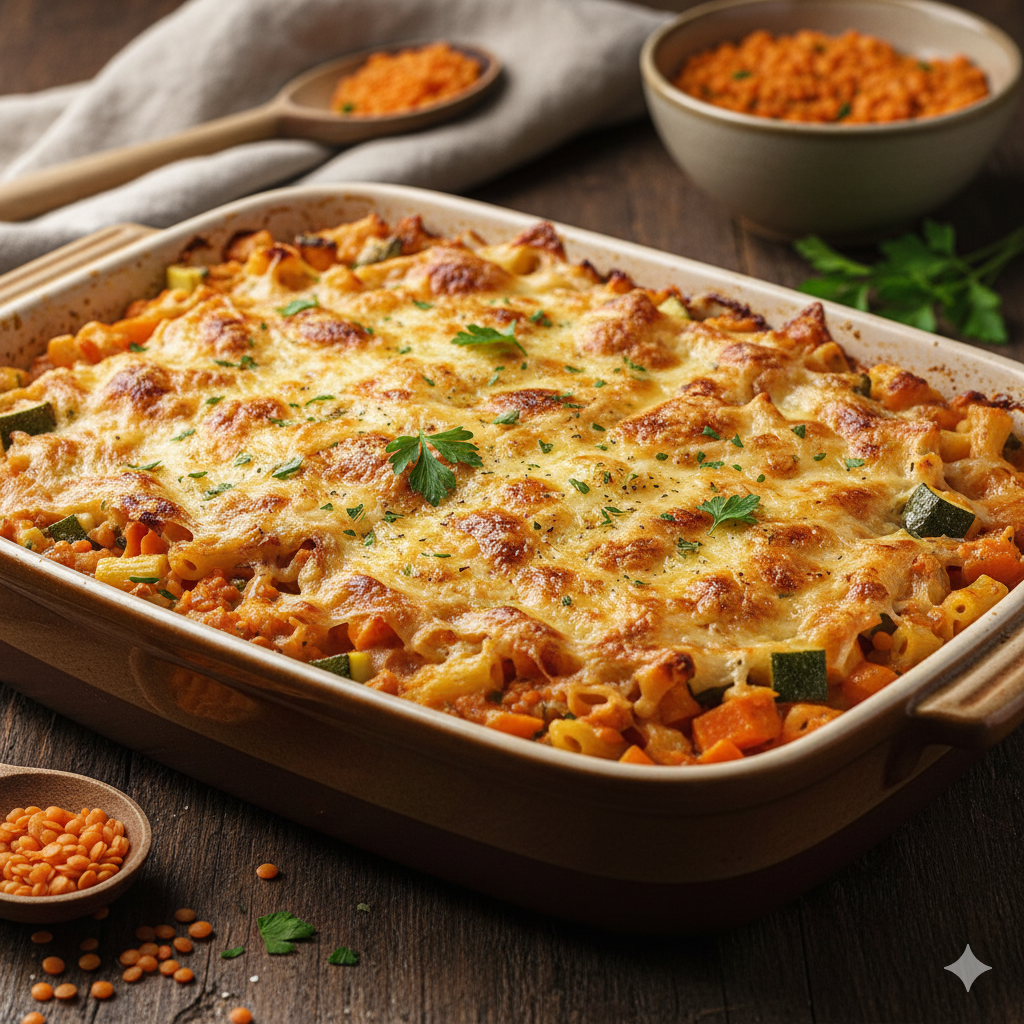 Le Gratin de Pâtes aux Lentilles Corail et Légumes : Le Plat Réconfortant qui Met du Soleil dans ton Assiette (et dans ton Portefeuille) !
